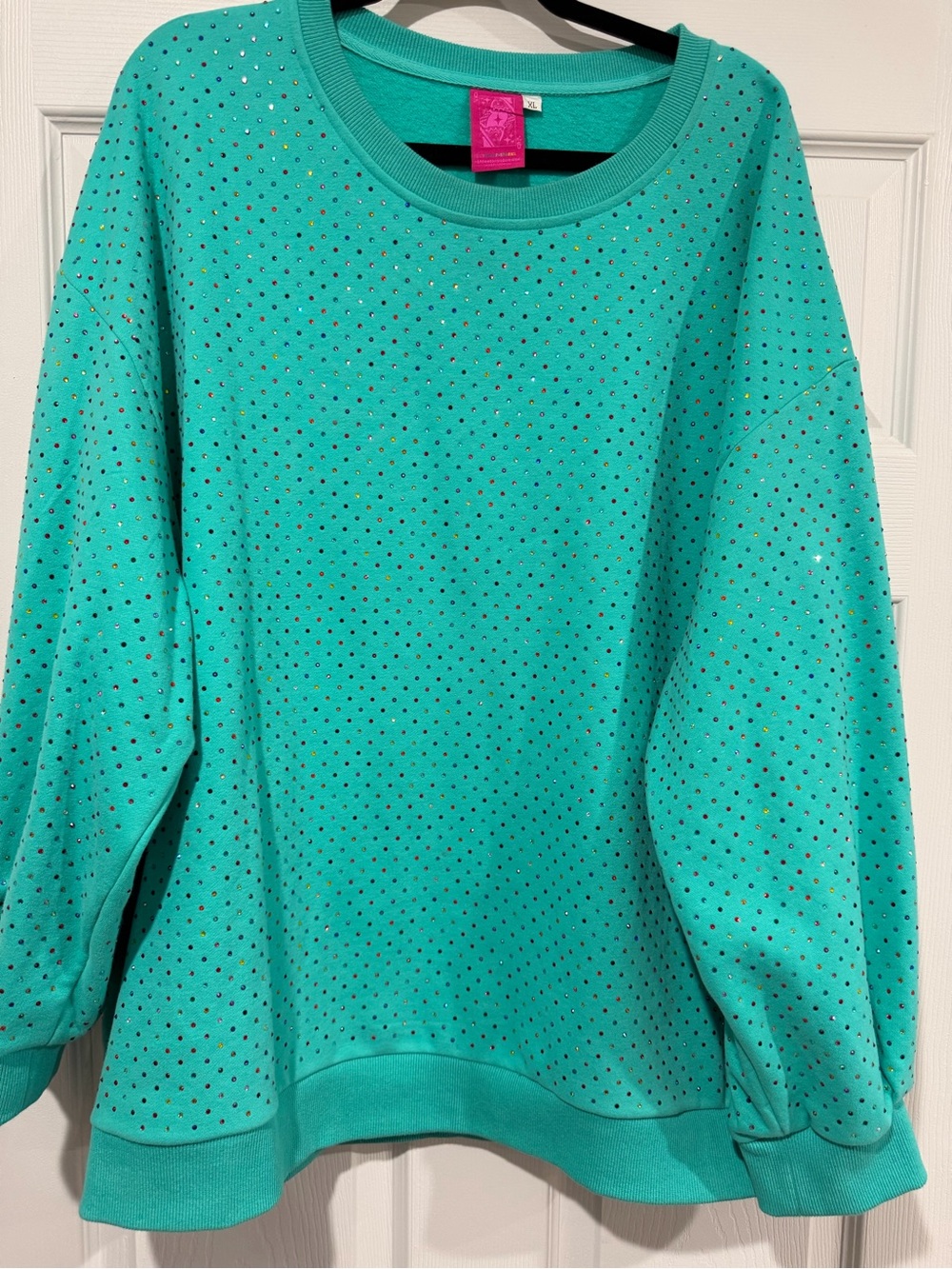 Queen of Sparkles- Women's Teal Embellished Crewneck Sweater